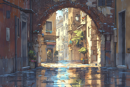 雨后静谧的石子街道背景图片