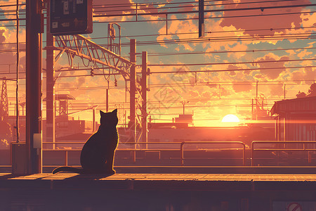黄昏下火车站猫咪坐在火车站台上插画