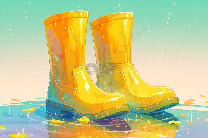 水面上的黄色雨靴图片