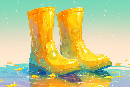 水静物水面上的黄色雨靴插画