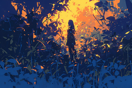 寂静丛林夜晚静谧丛林中的女孩插画