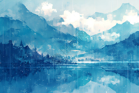 湖雾细雨蒙蒙的湖光山色插画