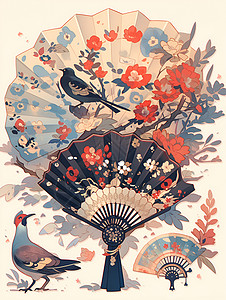 太阳花扇子折扇和小鸟插画