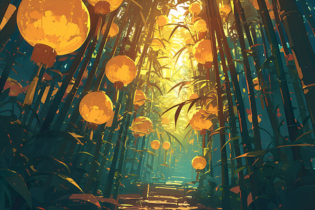 翠绿竹林中的金灯笼背景图片