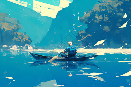 湖面鸟瞰蓝色湖面的独木舟插画