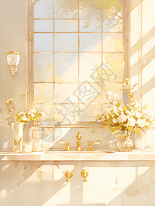浴室窗户洗手台上的花束插画