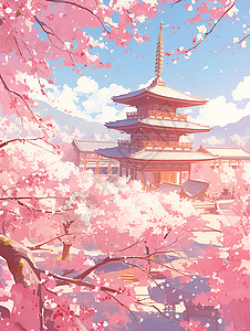 古塔公园古塔周围的梦幻樱花树插画