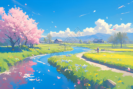 景观蓝天美丽宁静的乡村风光插画
