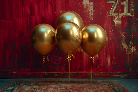 漂浮金色四边形漂浮在酒红色的画布前的气球背景