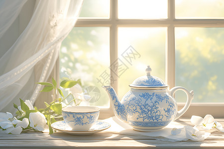 窗台前的瓷器茶壶插画