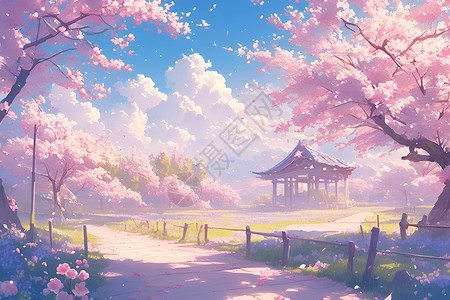桃花树下的恬静风景背景图片