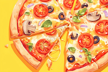 舌尖上的小吃彩色背景上的美味披萨插画