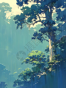 绣球在雨中湿润雨中的树木插画
