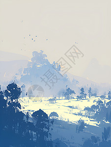 雨中山林迷雾中的静谧山景插画