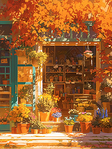 阳光里的绚丽花店背景图片