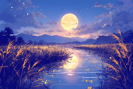 中秋月亮湖边的芦苇插画