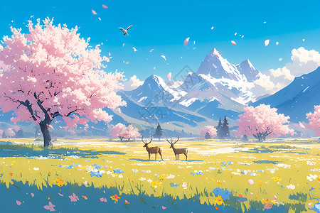 鹿群与盛开的桃花背景图片