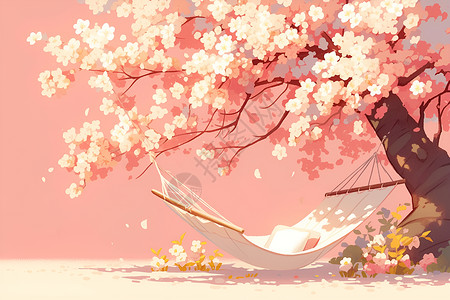 粉色吊床桃花枝下的吊床插画