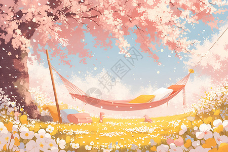 粉色吊床桃花林下的避世之所插画