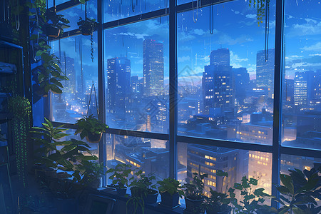 植物玻璃阳台的绿植和风景插画