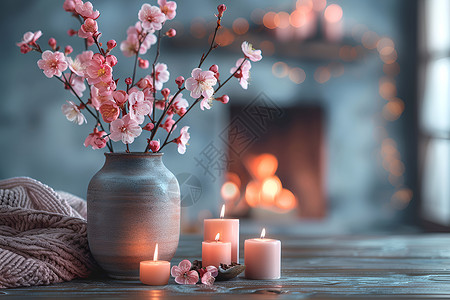 灿烂桃花插花和蜡烛背景
