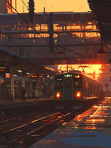 高架桥上的火车夕阳下的火车站插画