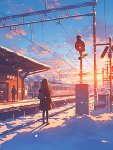 动车广告覆盖着雪的车站插画