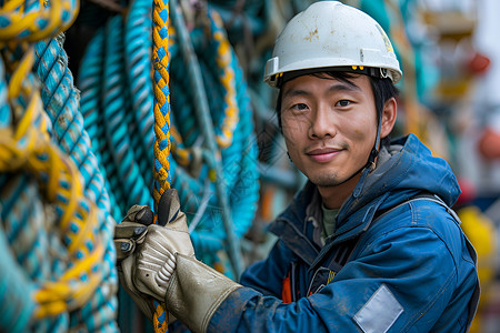 电缆工人中国男工人穿着蓝色工作服背景