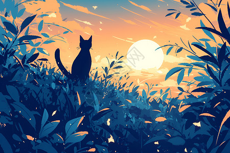 草地上看夕阳的猫咪背景图片
