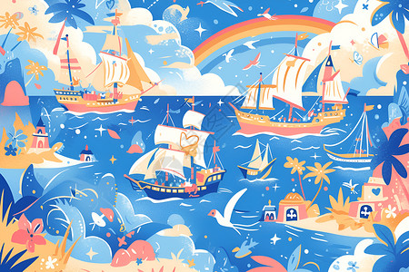 海湾川贝彩虹下的帆船插画