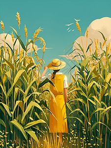 小麦玉米黄裙帽妇人站立在一片玉米田中插画