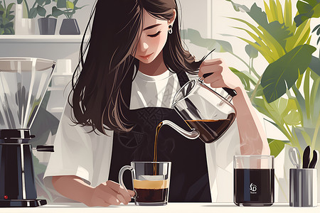 咖啡冲调步骤一个女士在柜台上倒咖啡插画