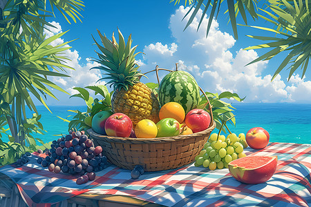 缎布户外野餐垫上的水果篮子插画