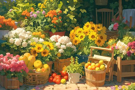 新鲜花卉春日市场的鲜花与水果插画