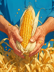 交握丰收季节中农民手中握着一颗玉米插画