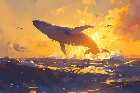 夕阳下巨鲸跃出海面背景图片