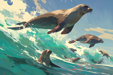吃西瓜海豹水中嬉戏的海狮插画