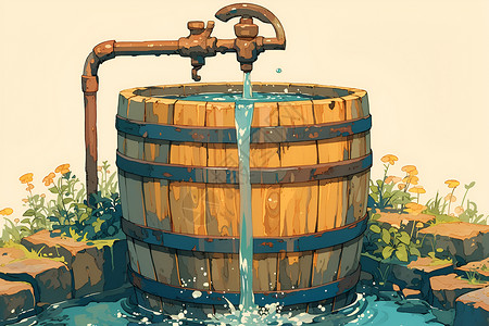 水龙头接水接水的木桶插画