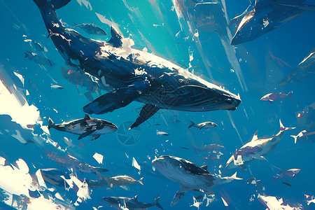 海洋鱼类100海洋中的鲸鱼插画