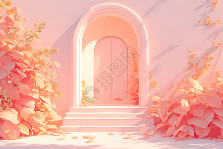 粉色几何门柔美的粉色花卉空间插画