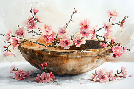 桃花春色桃花木碗的春色插画