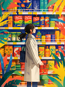 美女在商场购物女孩在五彩斑斓的货架前插画