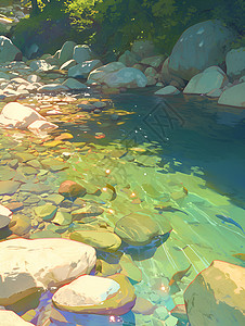 鸳鸯溪风景流动的光影交织在清澈溪流上插画