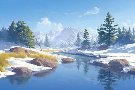 冰雪插画冰雪覆盖的雪原河流插画