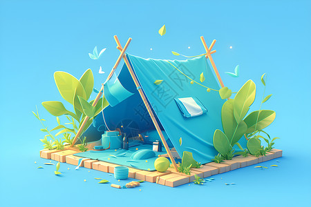 蓝色帐篷蓝色天空下的夏日野营场景插画