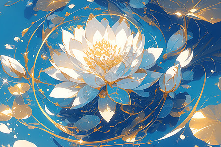漂浮复古金色花月光下漂浮的白莲花插画