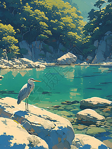 优雅的苍鹭站在清澈溪流边高清图片