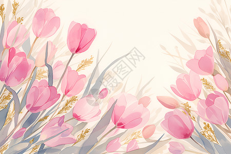 粉红花朵水彩粉红郁金香插画