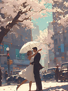 浪漫街头浪漫春天的街头的情侣插画