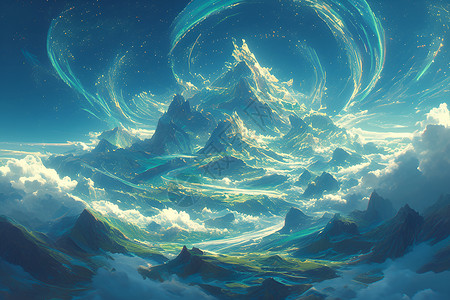 梦幻的山峦星云下的仙山插画
